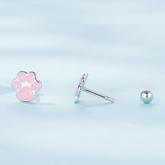 Silver & Pink Paw Print Stud Earrings
