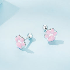 Silver & Pink Paw Print Stud Earrings