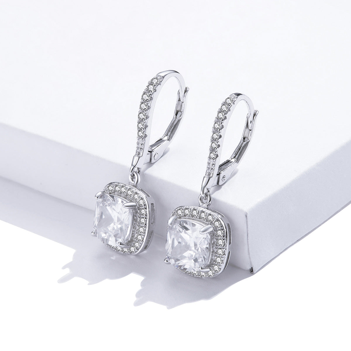 Square Silver CZ Drop Earrings