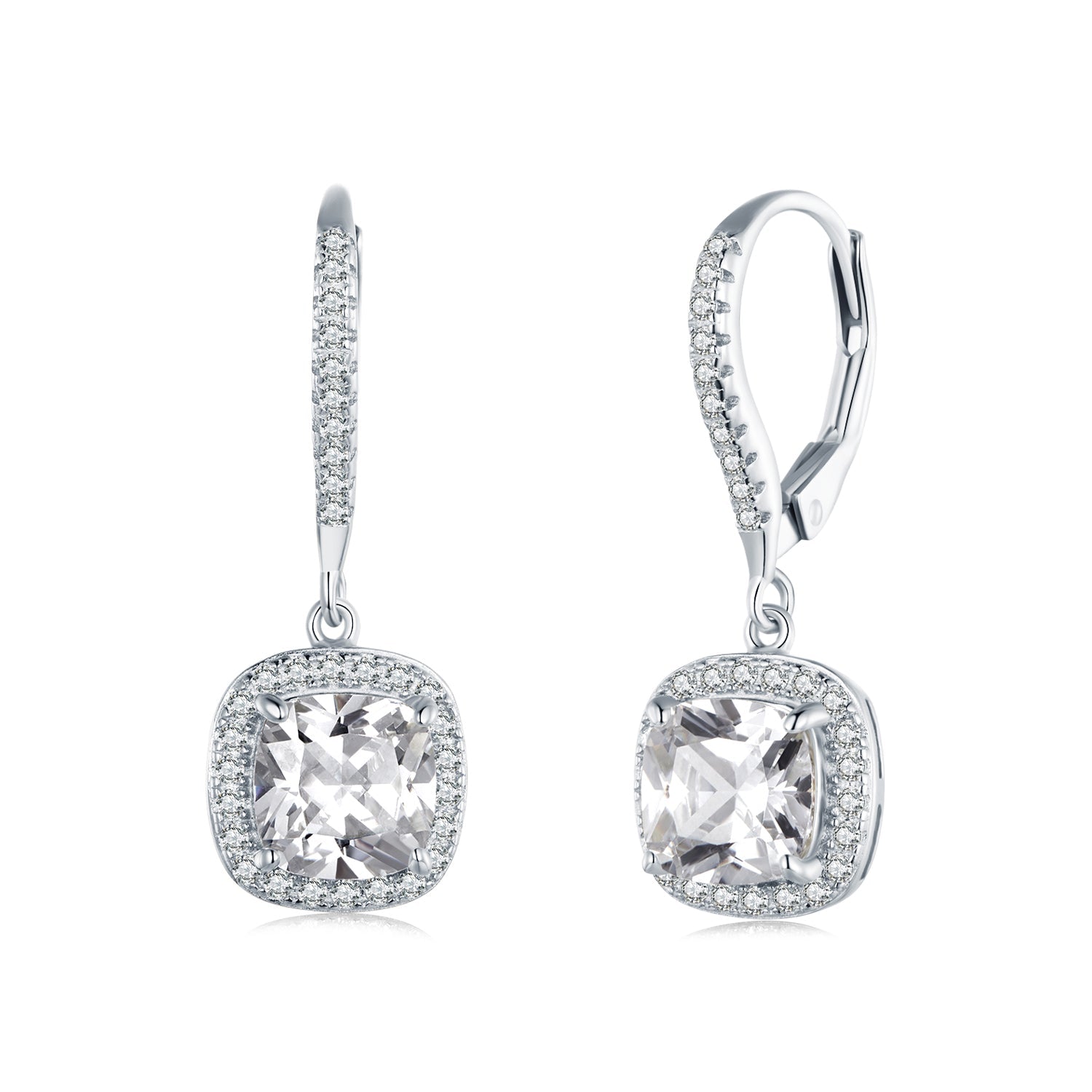 Square Silver CZ Drop Earrings